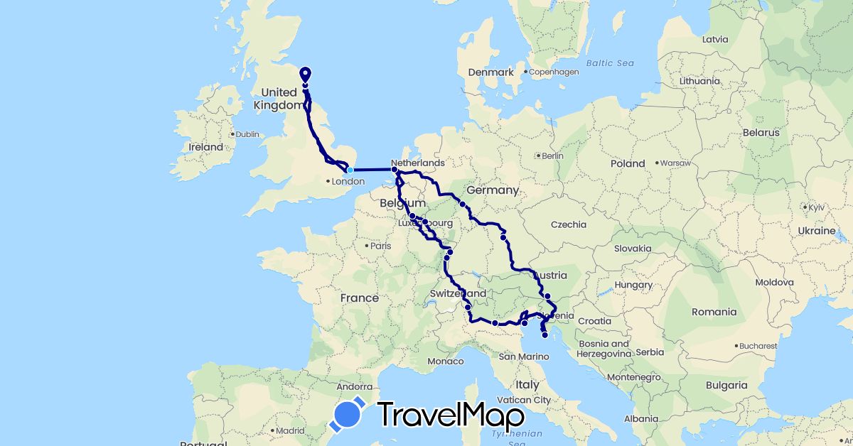 TravelMap itinerary: driving, boat in Austria, Belgium, Switzerland, Germany, France, United Kingdom, Croatia, Italy, Netherlands (Europe)